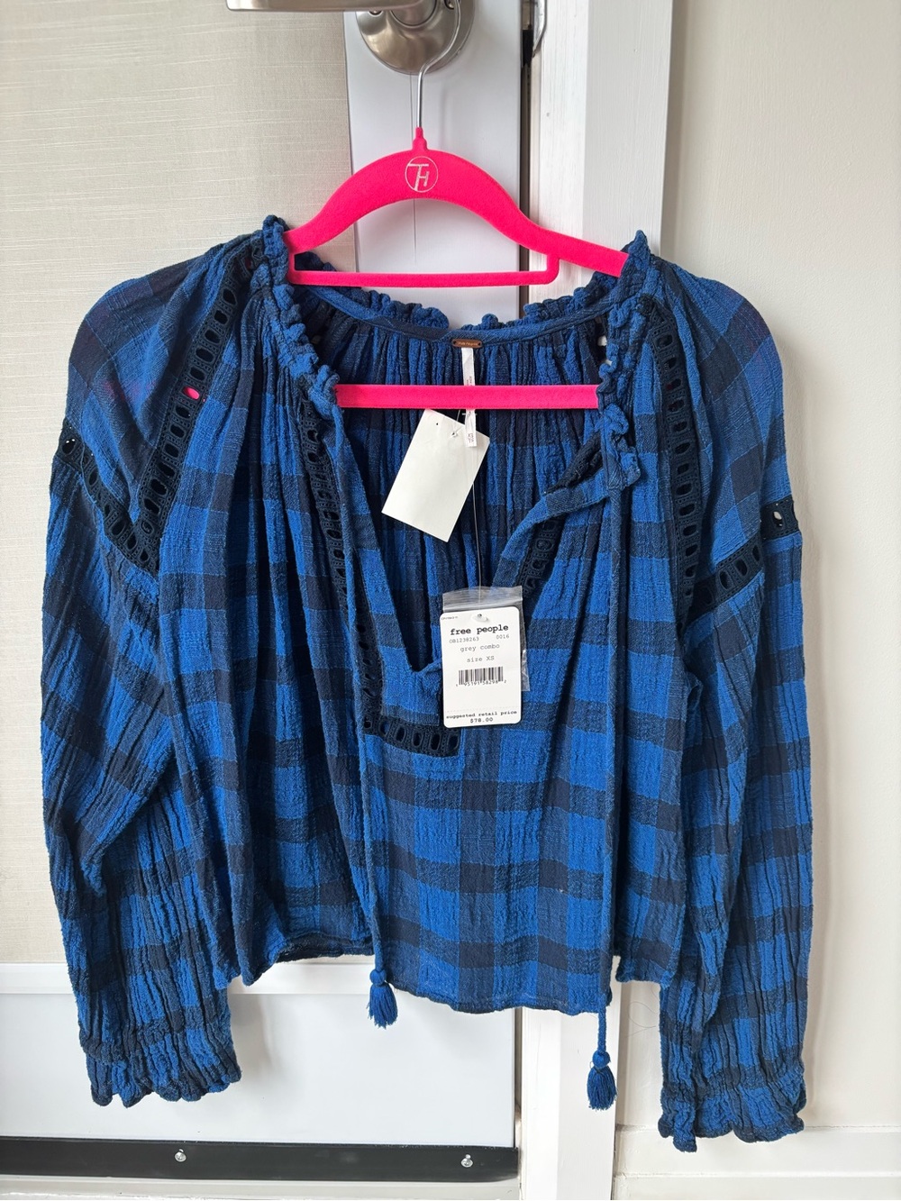 Free People Blue Plaid Peasant Top